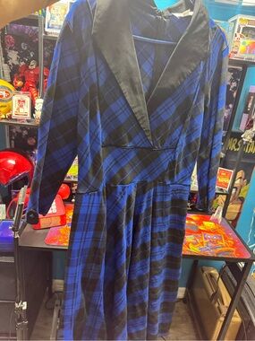 Unique Vintage Blue and Black Plaid Long Sleeve Dress with collar